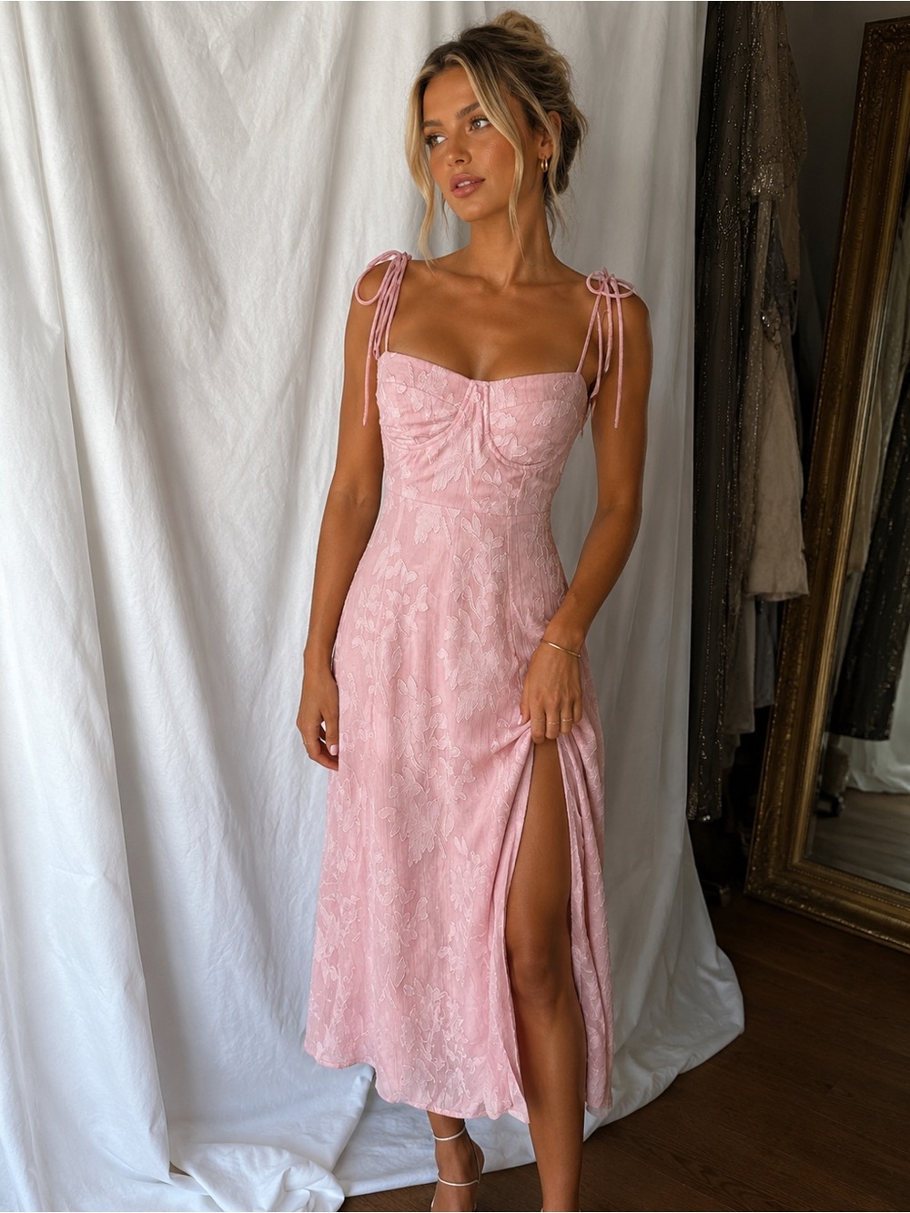 Lulu's Blush Pink Lace Tie-Shoulder Midi Dress